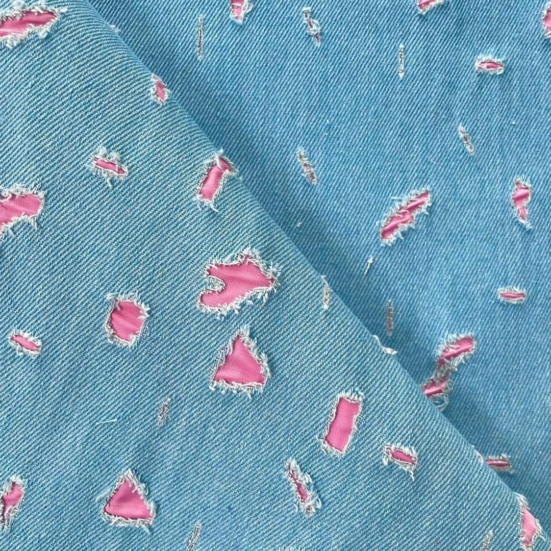 d11▽150×50cm▽コットンデニム生地▽クラッシュ ダメージ ピンク
