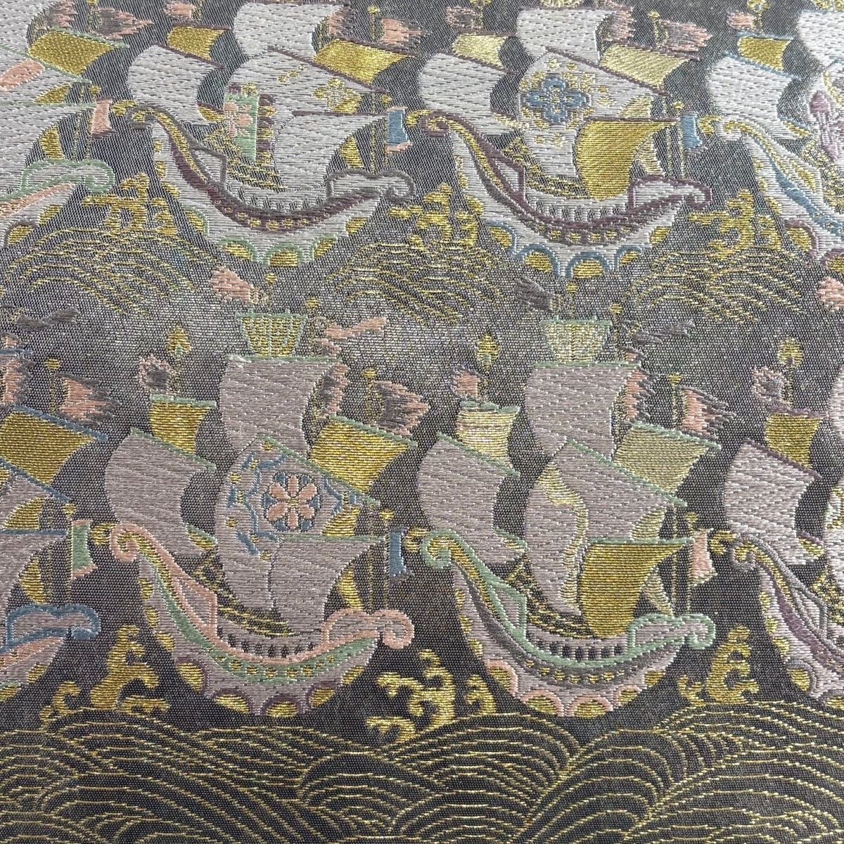 袋帯 美品 秀品 花蝶 波 金糸 箔 墨色 六通 正絹 【中古