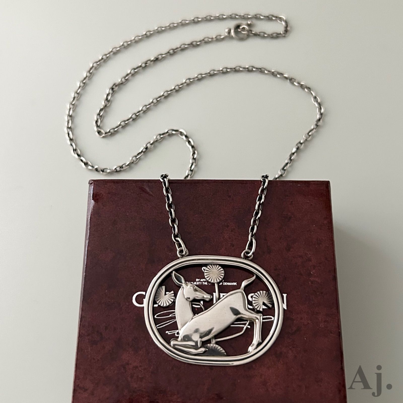 美品ネックレス 鹿と花＃95 ジョージジェンセン/   ジョージジェンセン ロング チェーン ネックレス ペンダント シカ 鹿