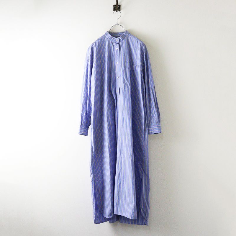 定価6.3万 ドゥロワー Drawer コットンストライプロングシャツワンピース 36 ブルー バンド ドレス タック フ 2400014604627