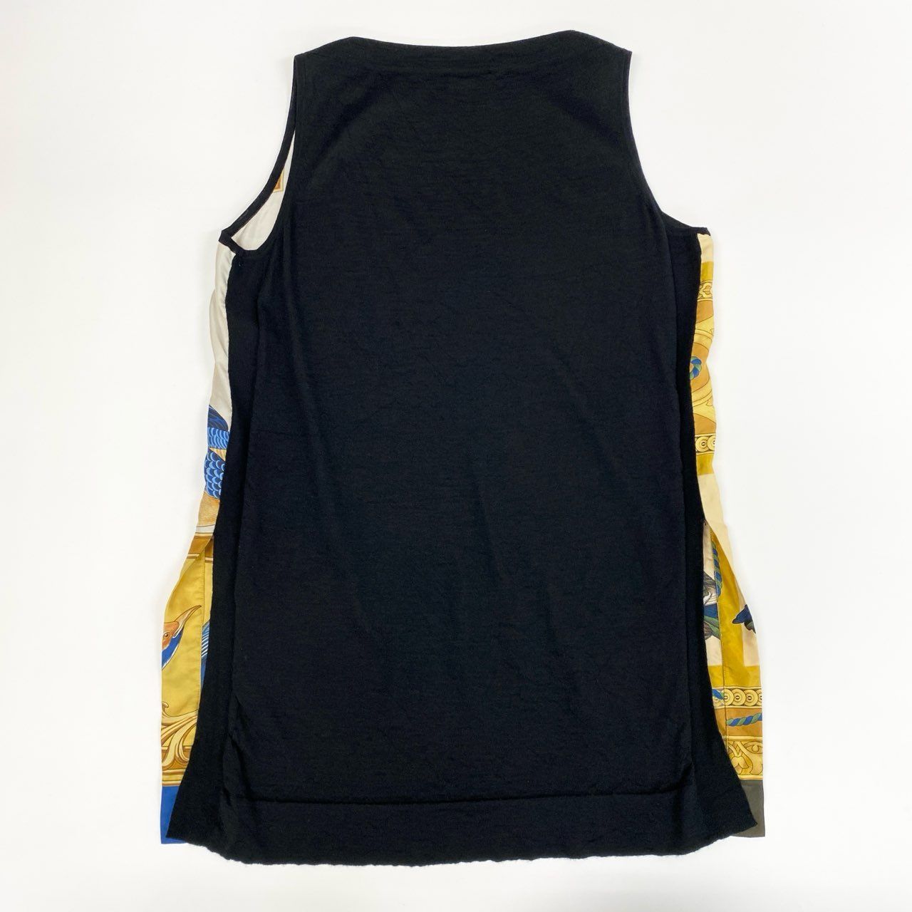 77j8 Salvatore Ferragamo サルヴァトーレフェラガモ イタリア製 ノースリーブワンピース チュニックワンピース ボートネック 異素材切替 鳥柄 レディース 女性用 M ブラック カシミヤシルクu02t