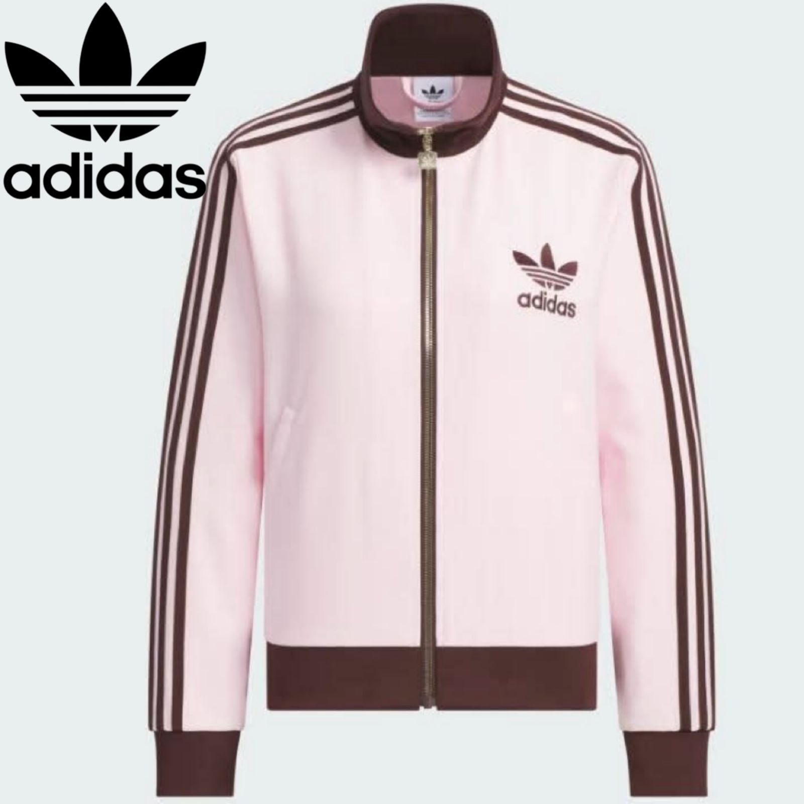 S adidas トラックジャケット ブラウン ピンク 茶ノーカラー レディース 新品】韓国限定 adidas トラックジャケット 刺繍ロゴ ピンク×ブラウン