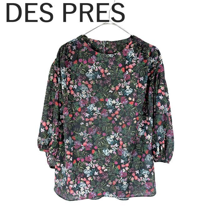 デプレ DES PRES 5分袖小花柄ブラウス 透け感 シアー バルーンスリーブ ブラック マルチカラー