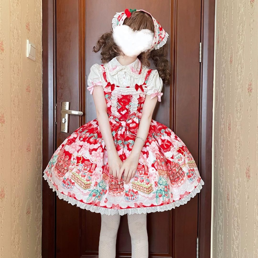 ロリータファッション イチゴケーキ柄ジャンパースカート お出かけや女子会に