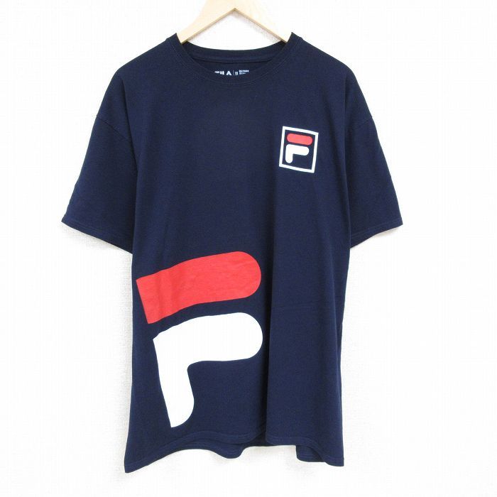 XL/古着 フィラ FILA 半袖 ブランド Tシャツ メンズ ビッグロゴ 大きいサイズ クルーネック 濃紺 ネイビー 24jun03 中古