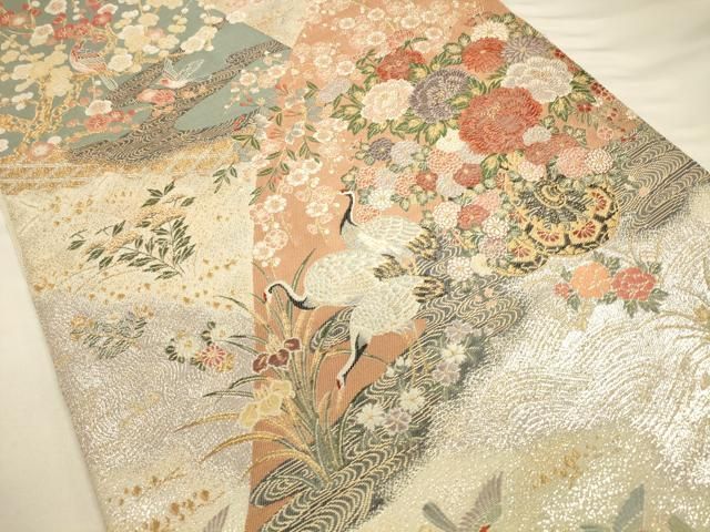 平和屋着物◎六通柄袋帯 唐織 花車野鳥の戯れ 金銀糸 正絹 逸品
