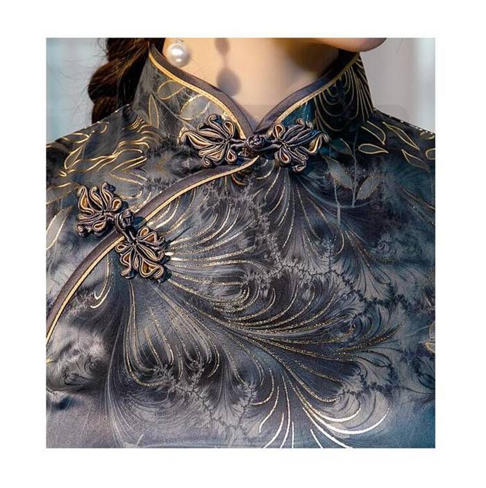 ロング丈チャイナドレス半袖ロングチャイナ服中華ドレス穏やかなチャイナワンピースシックな花柄紺色系中華服中国風パーティードレ