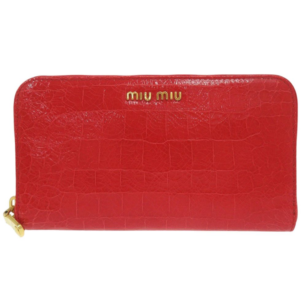 ミュウミュウ クロコ型押し 5M0506 型押しレザー レッド ラウンドファスナー 長財布 赤 0516 MIUMIU