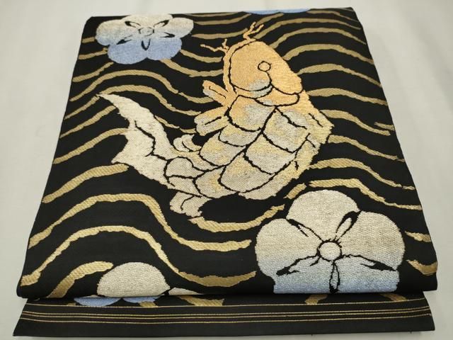 平和屋着物○六通柄 本袋帯 龍村平蔵柄 荒磯 枚花文 黒地 金糸