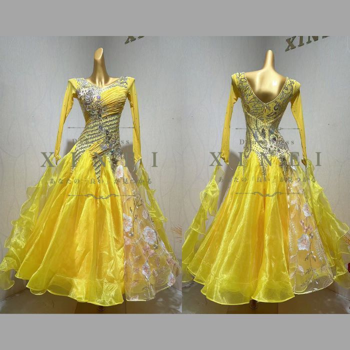 社交ダンスドレス【M】W30~35 B41~50 薄い黄色ストレッチ有 社交ダンス