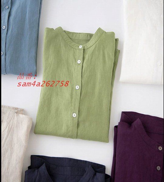  上質麻のシャツ スタンド長袖 リネン 前開き スタイル クリックポストで発送可 女子会 ほっそり効果大 20代30代40代50代 am 4 a 262758 五分袖 七分袖 シャツ ブラウス