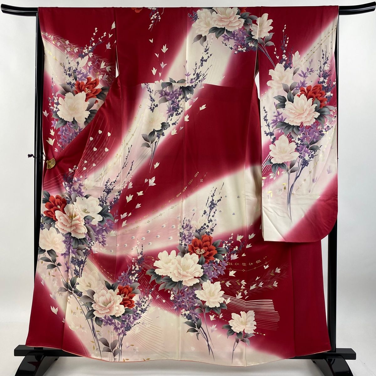 振袖 身丈162cm 裄丈66.5cm M 袷 草花 羽根 金糸 金糸 ピンク 正絹 秀品