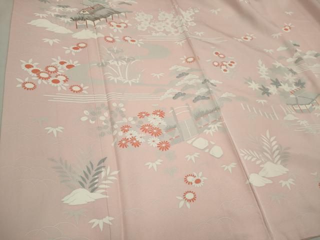 平和屋着物▽訪問着 単衣 刺繍 風景草花文 正絹 逸品 AAAZ9401fy