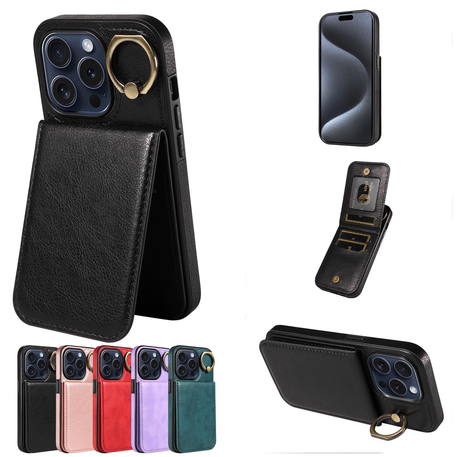 iPhone 15 Pro ケース 手帳型 アイフォン15 プロ カバー 背面 財布型 COCOCLOUD 背面ポケット付き 上品 高級PUレザー 3枚のカードを収納【上下開】 横置きu0026縦置きスタンド機能 360回転リング マグ