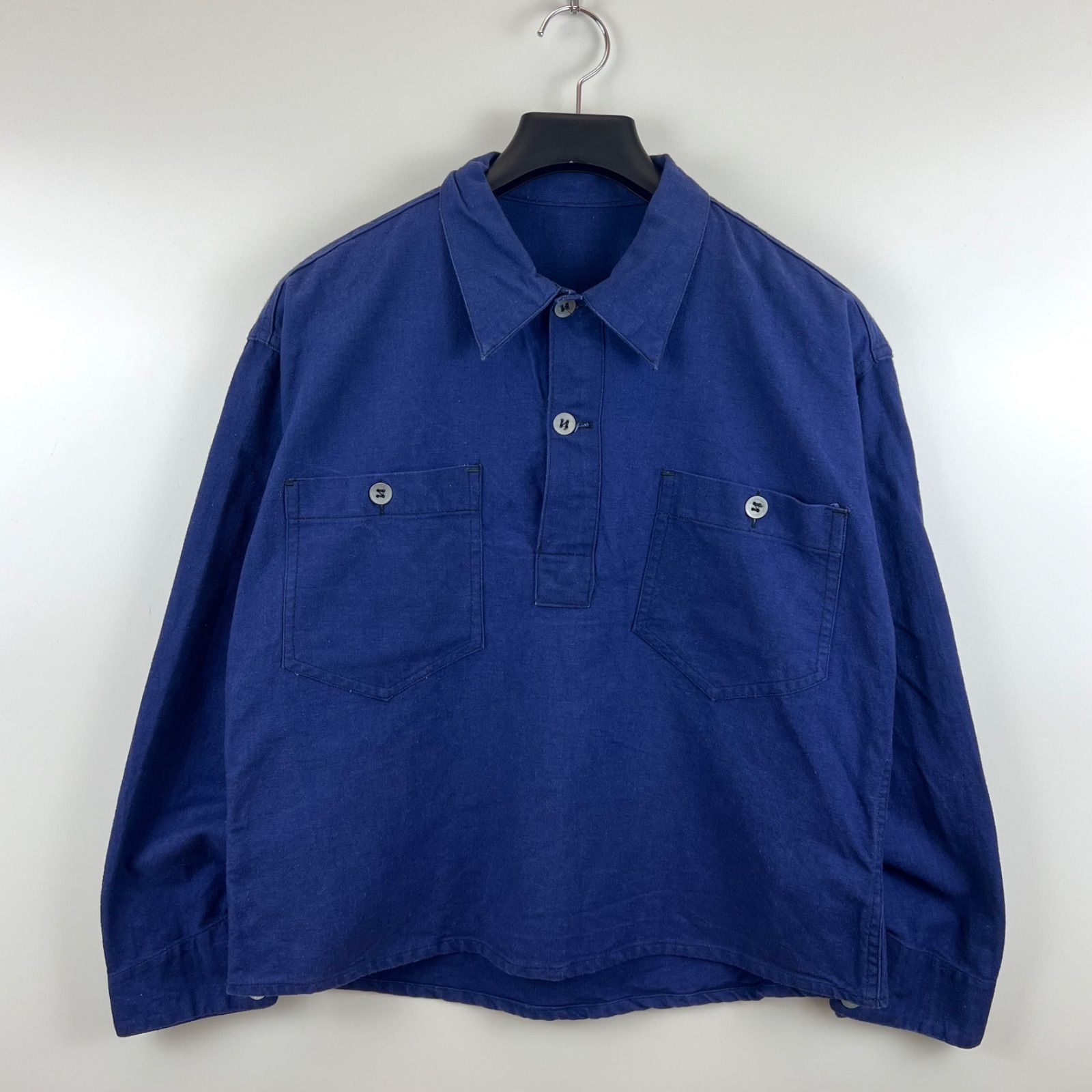 MILITARY 1940S Swedish Military P|O Shirts metal button スウェーデン軍 プルオーバー 長袖シャツ メタルボタン 王冠マーク ヴィンテージ 短丈