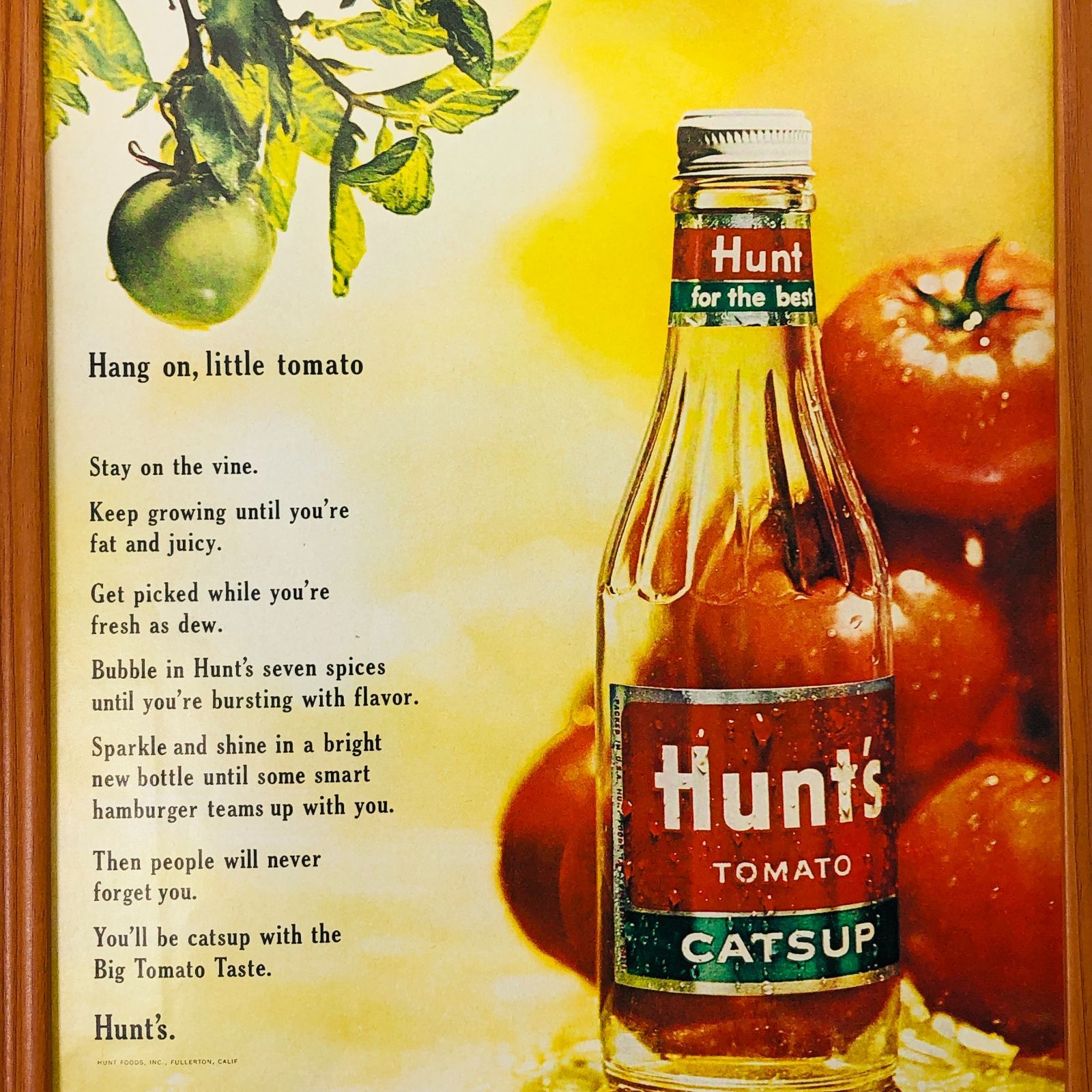 ビンテージ 広告　ポスター 　『 Hunt's　トマトソース 』 1960's　※当時物　アメリカ 輸入雑貨　ヴィンテージ　フレーム付　　 アドバタイジング 昭和　・　レトロ　 .( AZ1131 )
