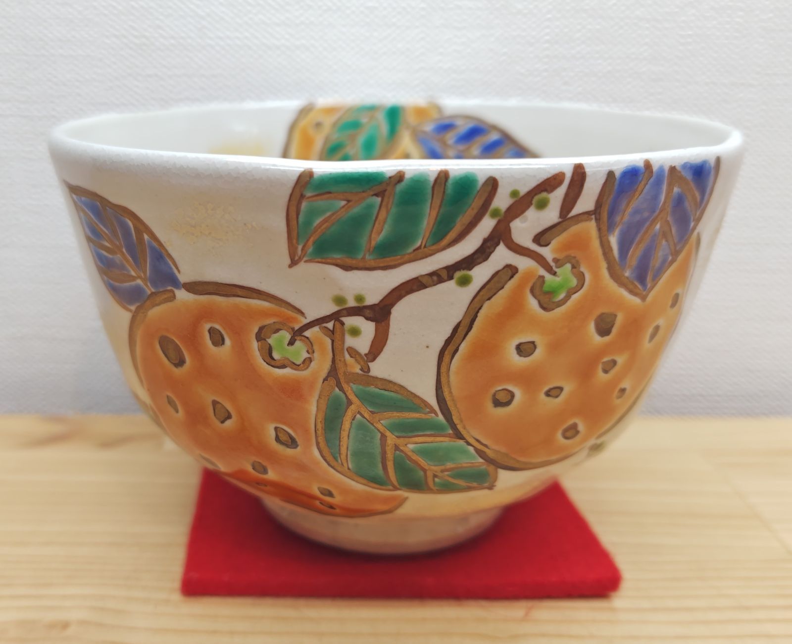 逢絢亭 茶道具 茶碗 京焼 粉引 橙 だいだい の絵 陣内窯 紙箱入り