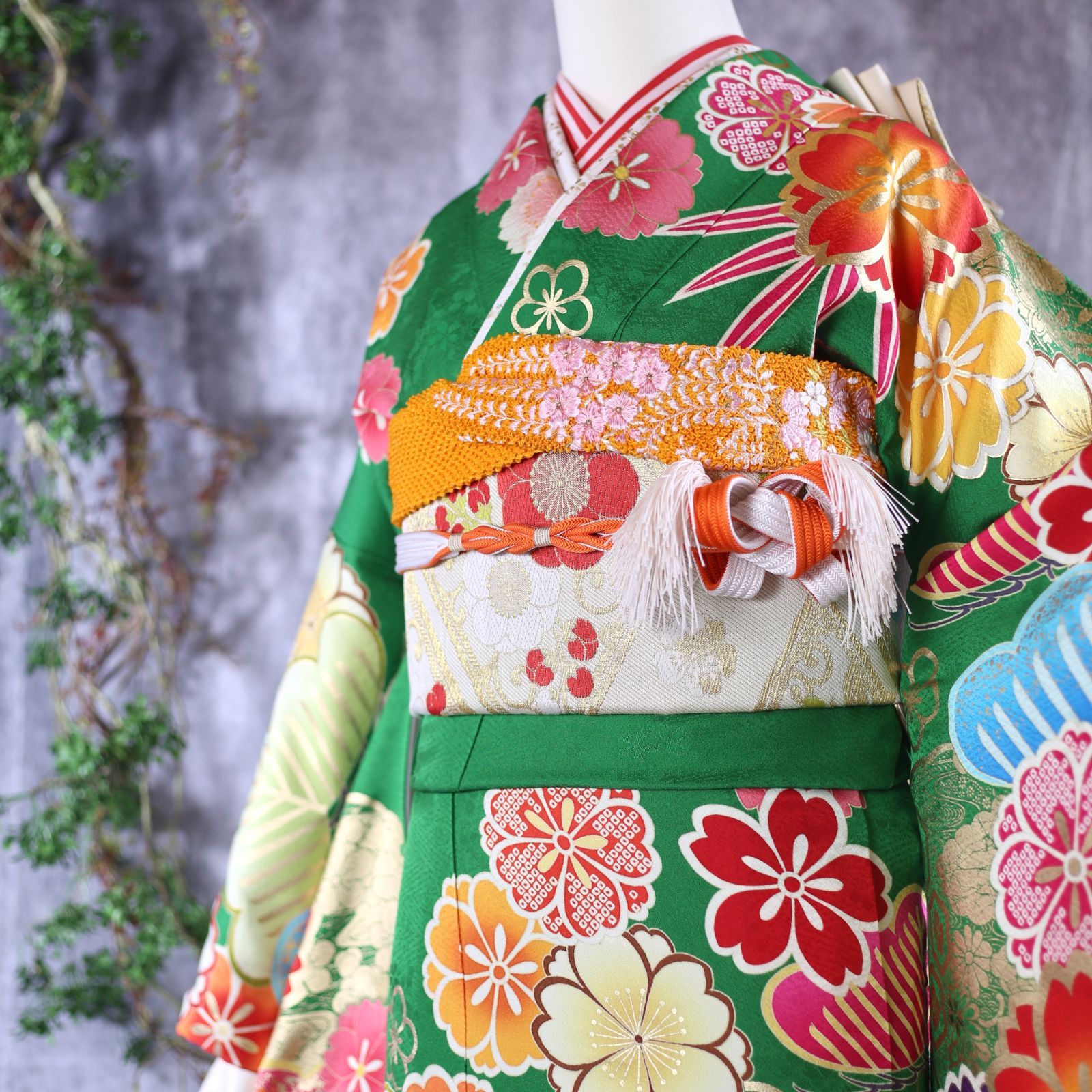 振袖フルセット 振袖セット 振袖 Lサイズ 中古 緑×レトロ 美品 成人式