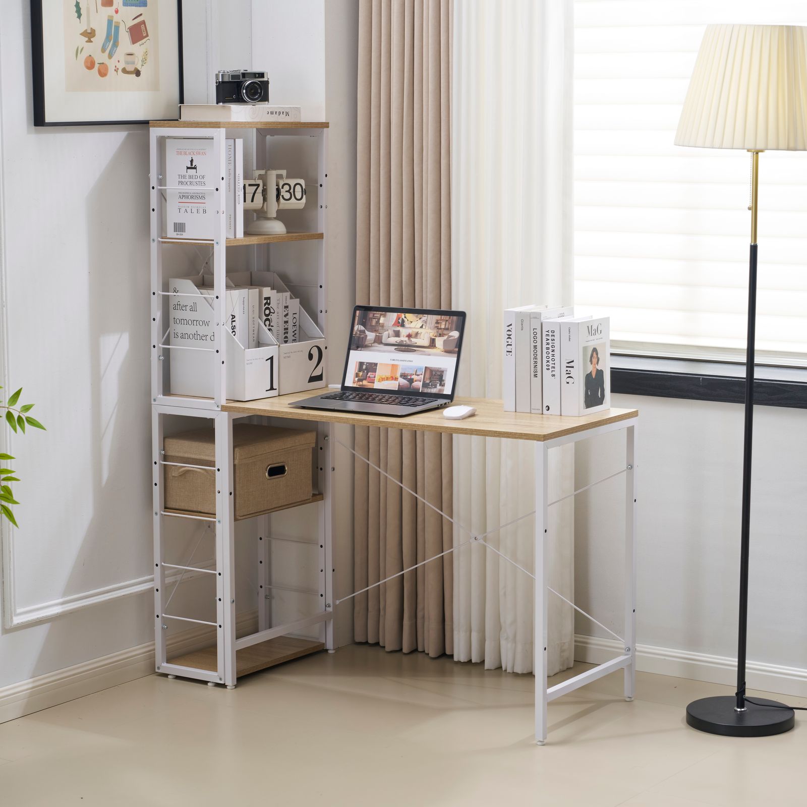 【ホワイト】一体分離多用型パソコンデスク ラック付 ワークデスク 木製 学習用 ナチュラル】一体分離多用型パソコンデスク パソコンデスク ラック付き