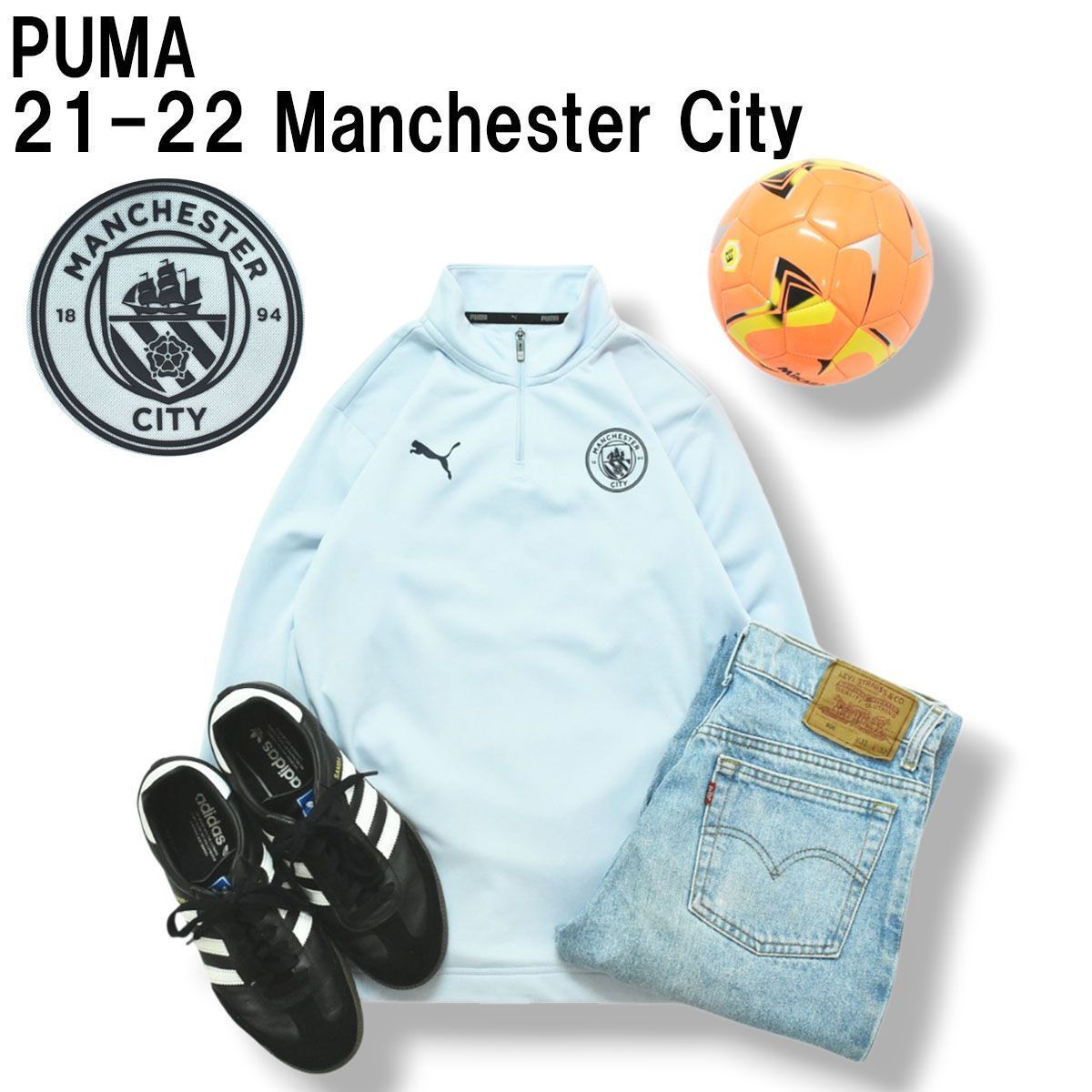 プーマ PUMA 21-22 マンチェスター シティ Manchester City プレマッチ 1／4 ジップトップ トラック ジャケット 152 ライトブルー キッズ レディース 