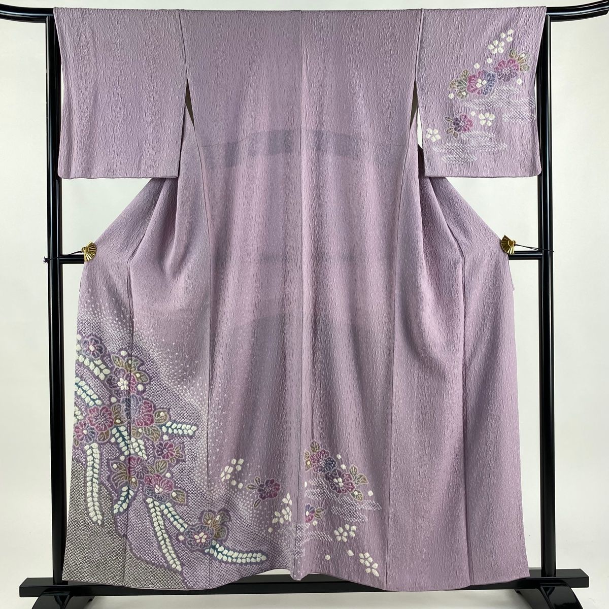 訪問着 身丈155cm 裄丈65cm M 袷 草花 霞 刺繍 銀通し 紫 正絹