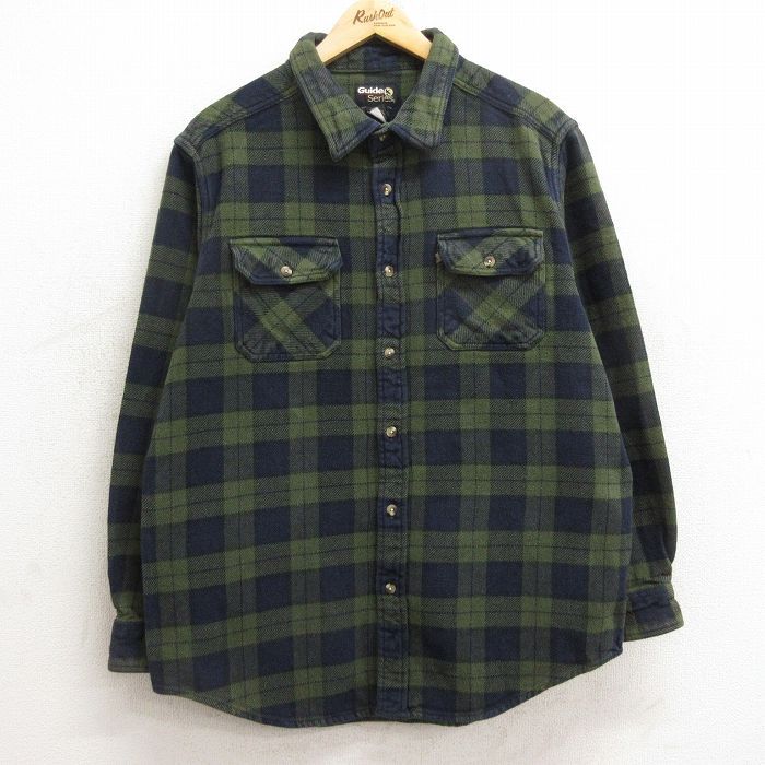 ウールシャツ　80s グリーンベース　ヘビネル L/古着 長袖 ヘビー フランネル シャツ メンズ コットン 緑他 グリーン