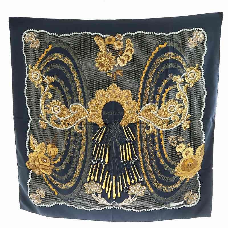 エルメス HERMES カレ90 Doigts de Fee 妖精の指 スカーフ 総柄 紺