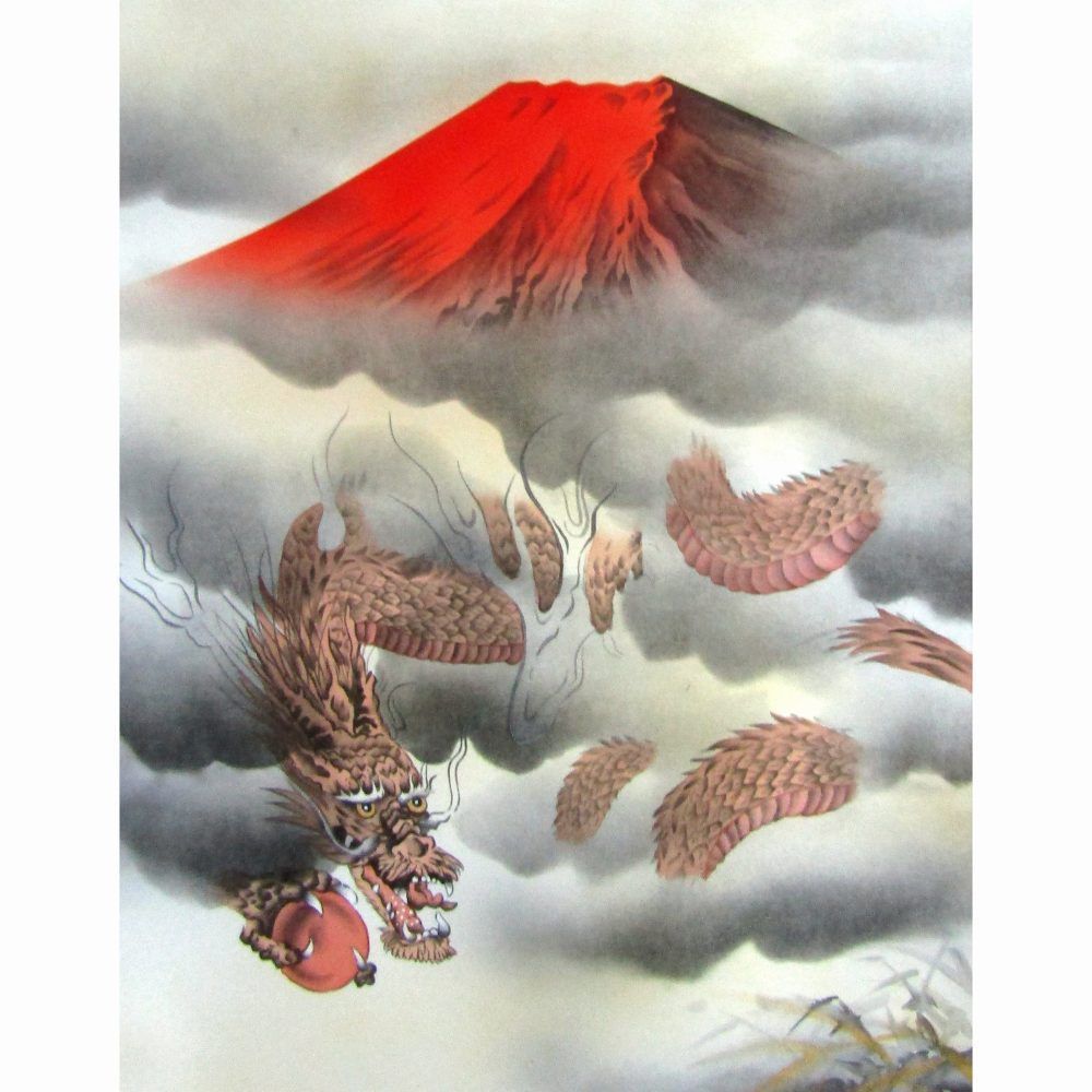 井上雪草『朱映龍虎之図（尺五立）』日本画・掛け軸 掛軸 動物画