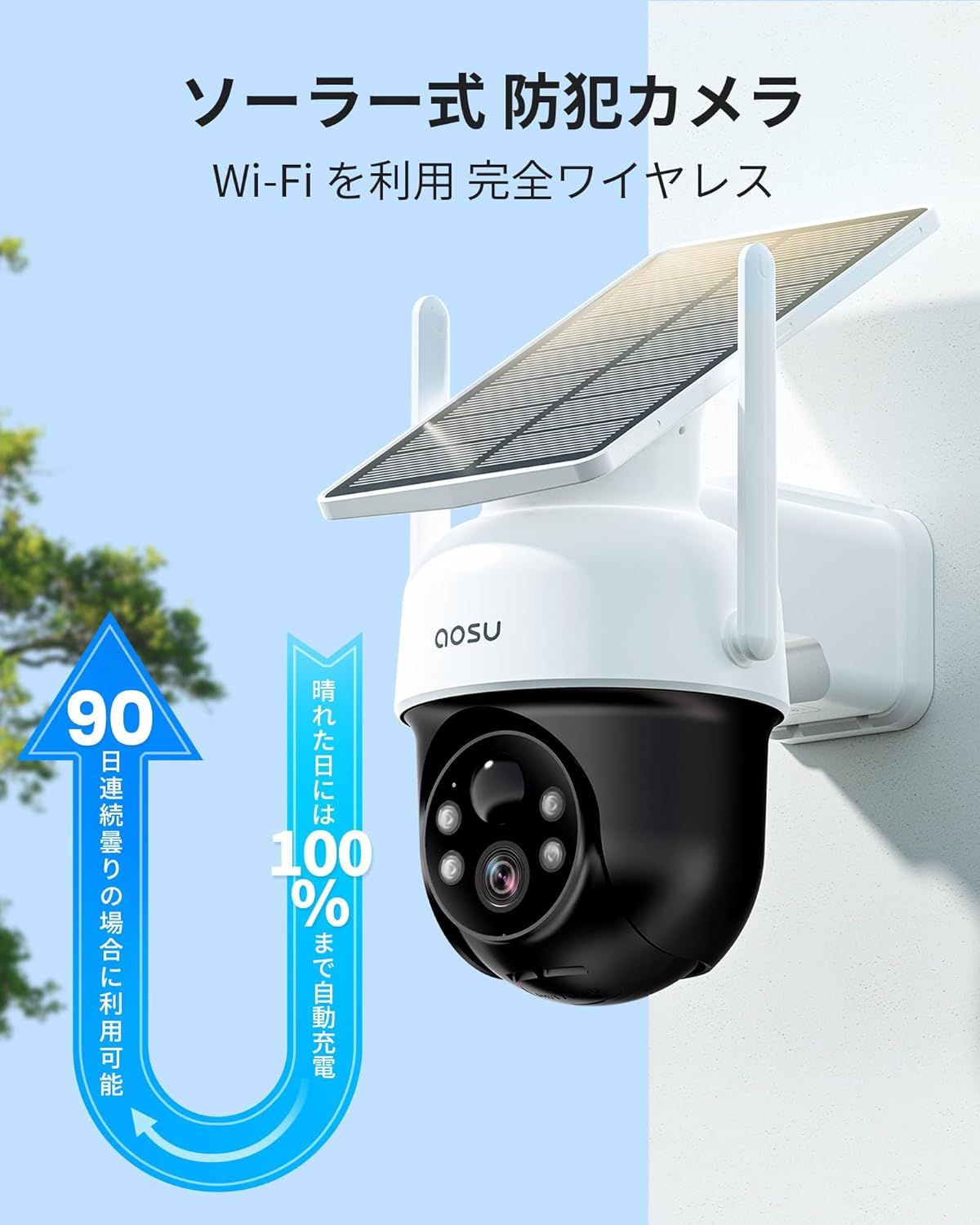 aosu 防犯カメラ ソーラー一体 屋外 360度広角 wifi式 2K 300万高画素 IP66防水防塵 人体検知 自動追跡 完全無線 夜間カラー撮影  双方向音声通話 音と光のアラーム 家族共有 イベント分類 SDカード/クラウド録画保存 Alexa対応 - メルカリ