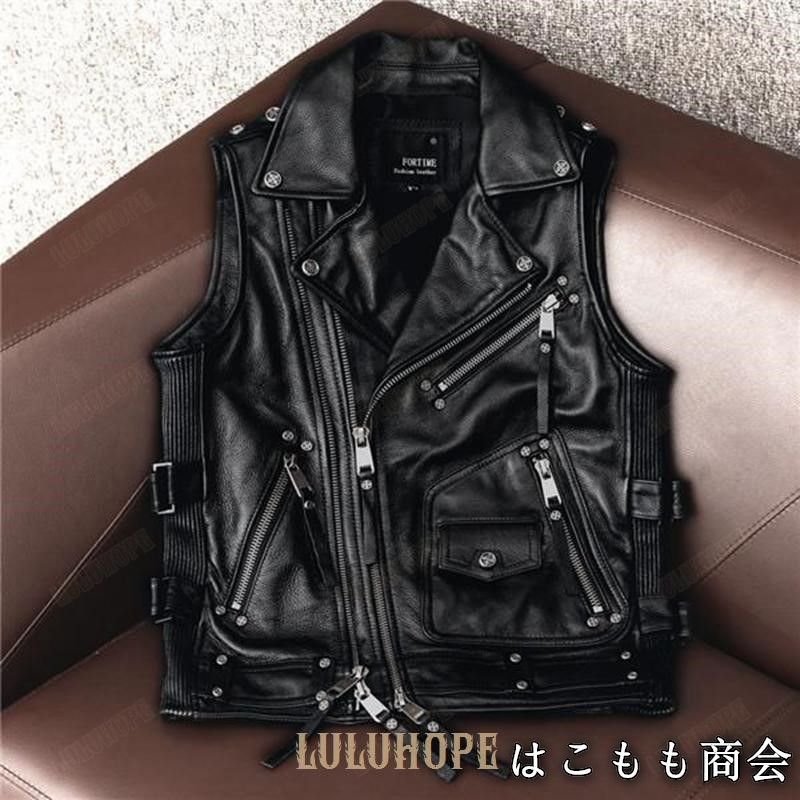 品質 バイク用ベスト レザーベスト メンズ 本革 ベスト ダブルライダース ブラック 革ベストリベット ライダース お兄系 牛革 前開き バイカー