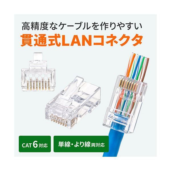 サンワサプライ RJ-45コネクタ カテゴリ6 貫通型 単線 より線共用 ADT-6RJKN-100