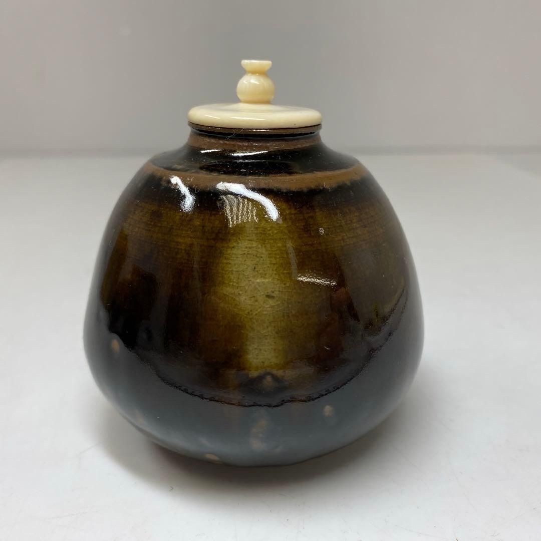 茶3 十三代 高取八仙 高取茄子茶入 共箱 仕覆付 東さ6-1021