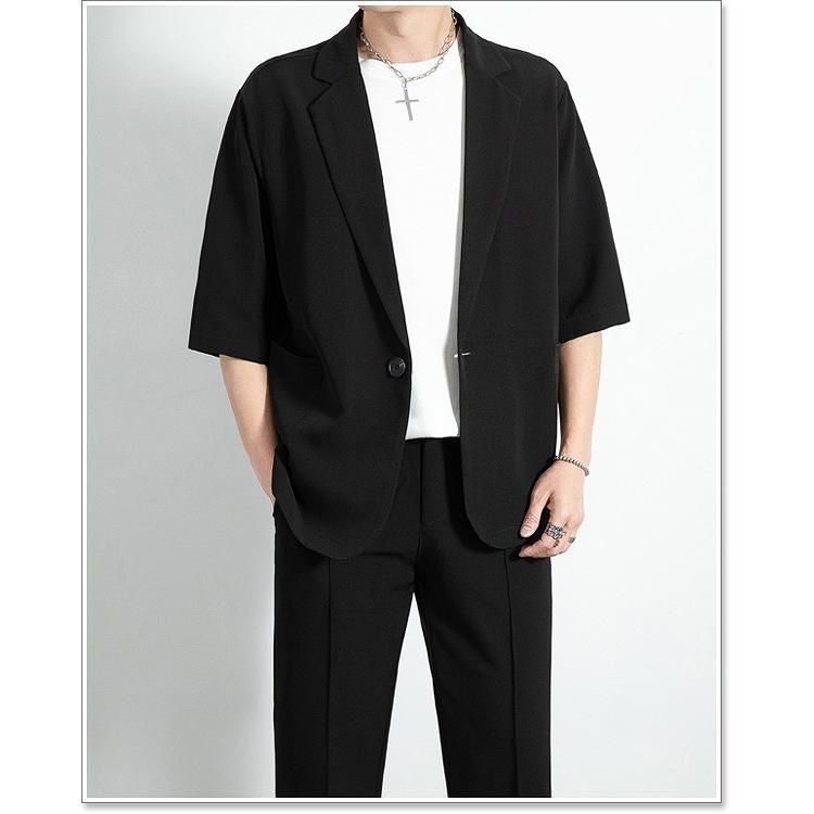 サマースーツ カジュアルスーツメンズ2ピーススーツ 五分袖 半ズボン スタイリッシュスーツ セットアップ 無地ハーフパンツ スリム 紳士服春夏物 サマースーツ カジュアルスーツメンズ2ピーススーツ 五分袖 半ズボン