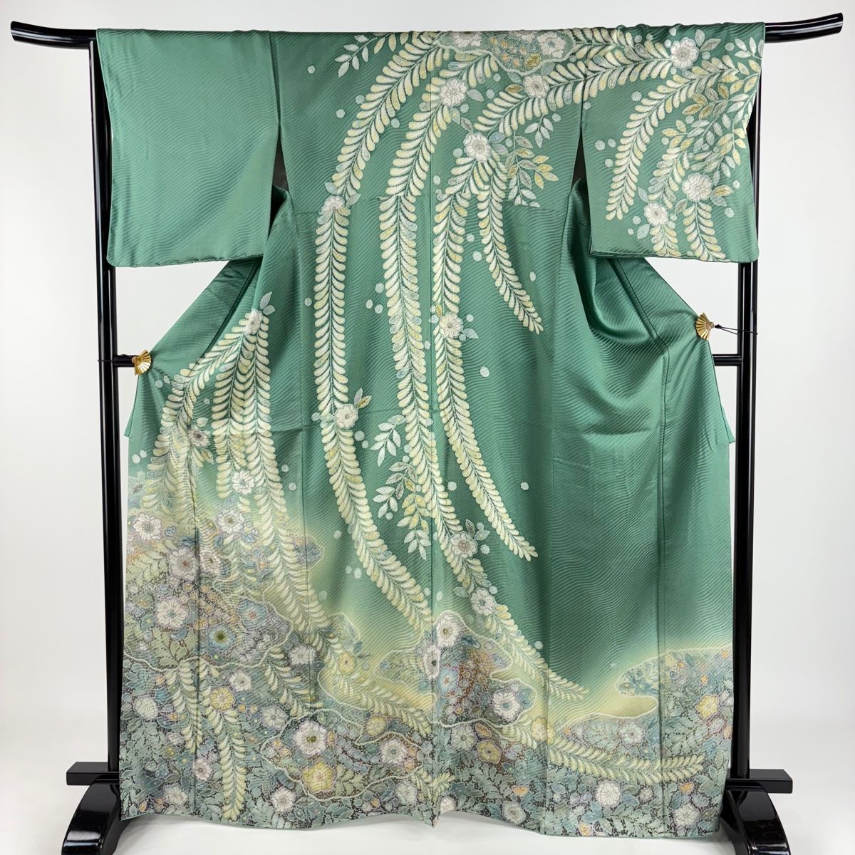 訪問着 身丈166.5cm 裄丈66.5cm M 袷 辻が花柄 金通し 絞り 薄緑 正絹 名品