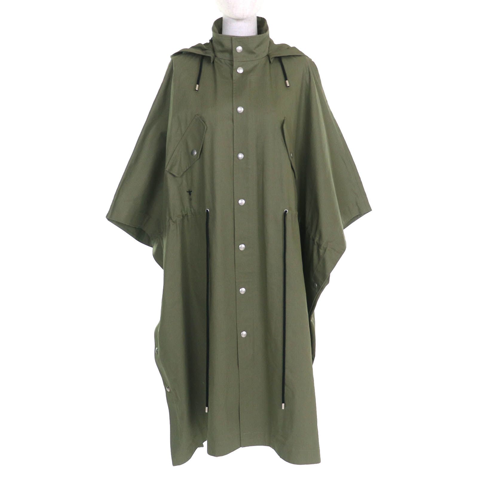 △Christian Dior クリスチャンディオール 857M82A3726 コットン100％ Bee刺繍 フード付き ZIP UP ミリタリー ケープコート ランウェイ着用 カーキ XS イタリア製 正規品 レディース