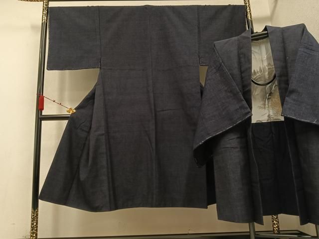 平和屋着物●男性 結城紬 アンサンブル 杢 藍鉄色 正絹 AABB0394ph