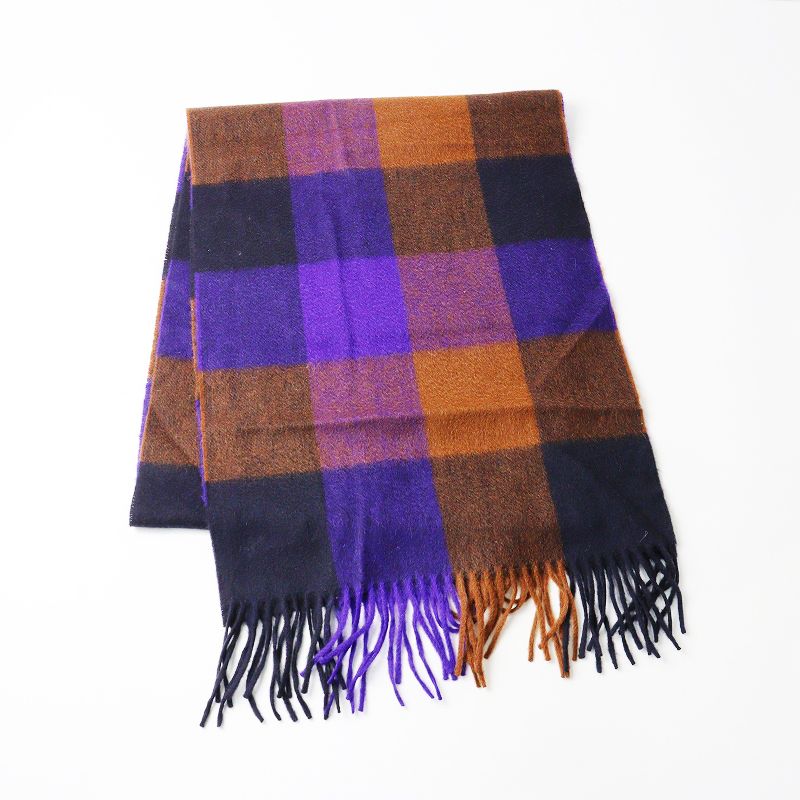 美品 ジョシュアエリス Joshua Ellis カシミヤ フリンジ チェック ストール ｜パープル マフラー ショール【2400014621594】