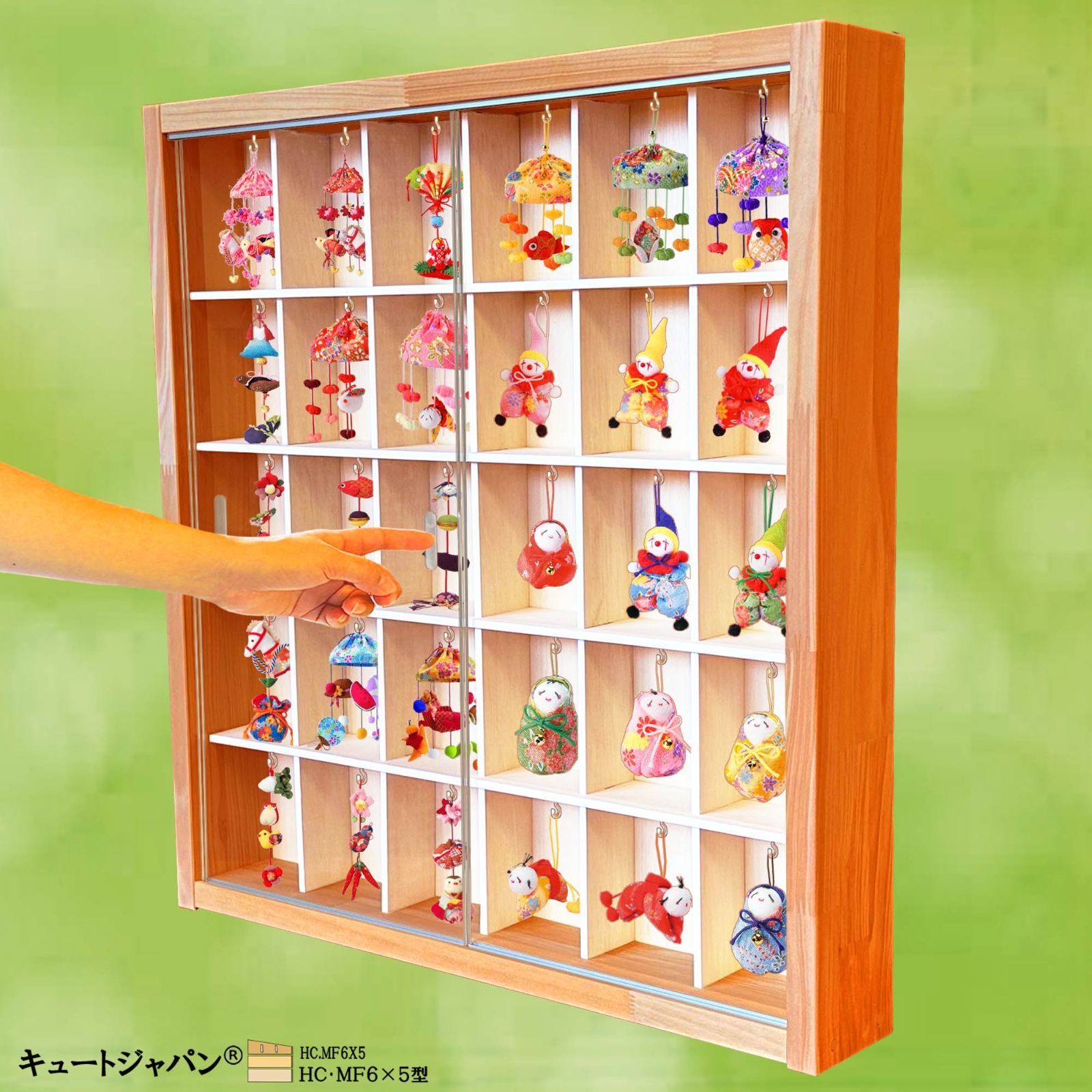 収納棚 ちりめん細工 フック付 つるし飾り ３０マス アクリル障子付 メープル色塗装 ＭＦ６×５型