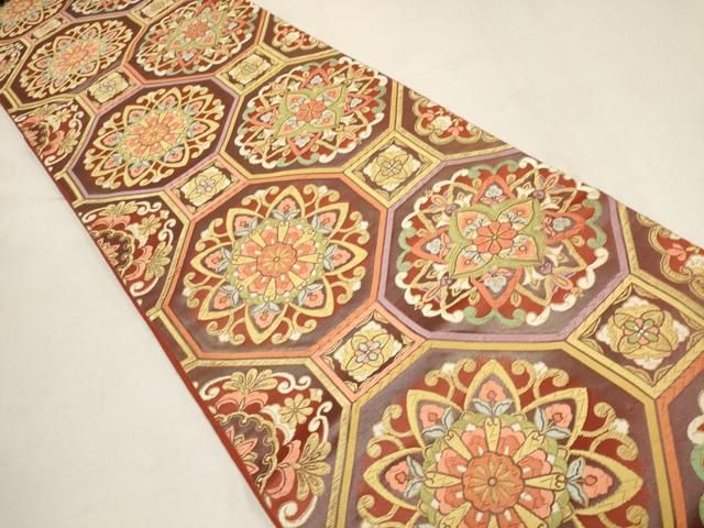 平和屋着物◎太鼓柄袋帯 唐織 駒刺繍 立波花文 金糸 引箔 正絹 逸品