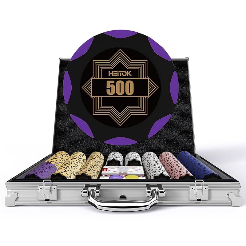 HEITOK ポーカーチップ 500枚 カジノ 14g クレイポーカーセット ナンバー付き アルミケースセット テキサスホールデム対応 ダイス5個 トランプ2組付き 1