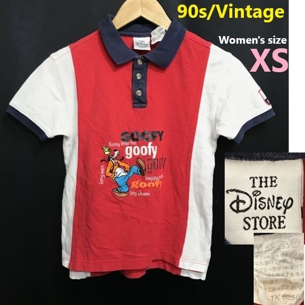 90s Vintage ディズニーストア THE Disney STORE グーフィー刺繍 半袖 ポロシャツ レディースXS 赤×白×紺 Tops Shirts◆TBH872