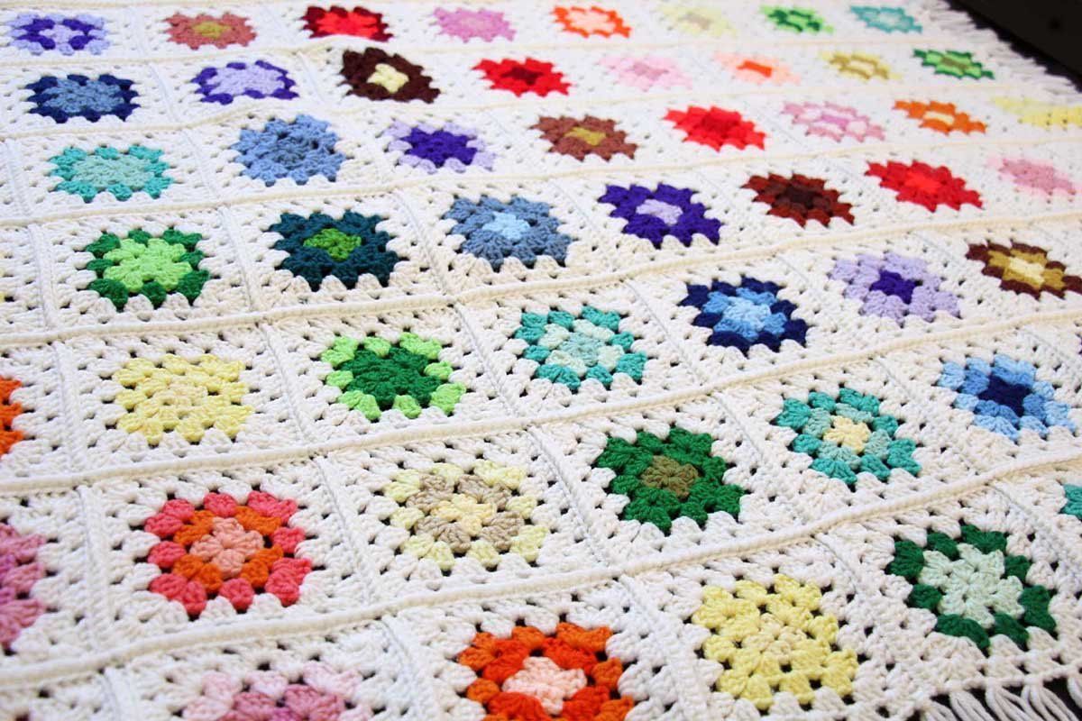 スクエア モチーフ ニット グラニー ブランケット 白☆C カギ編み ラグ