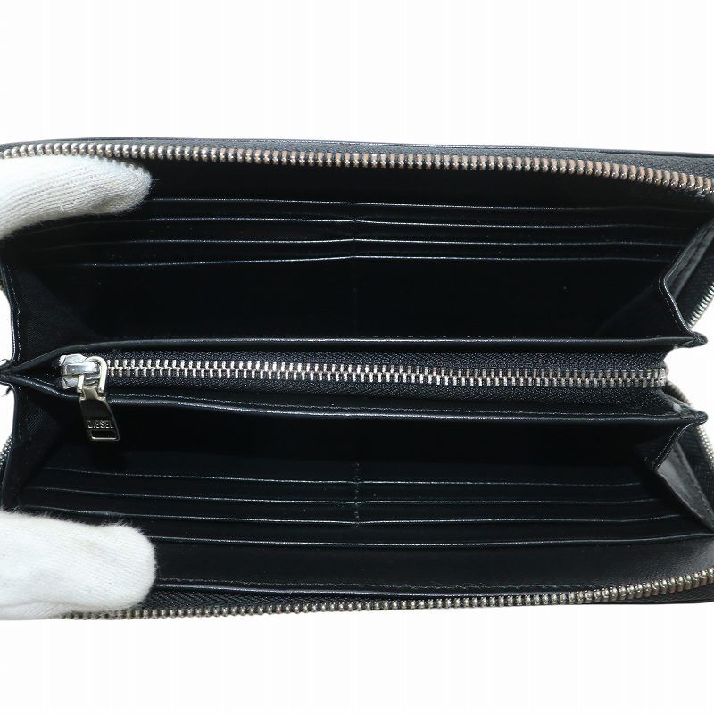 ディーゼル　長財布　キルティング　ロゴプレート　ラウンドファスナー　レザー　黒 DIESEL - ディーゼル 長財布 ブラック キルティング ラウンド