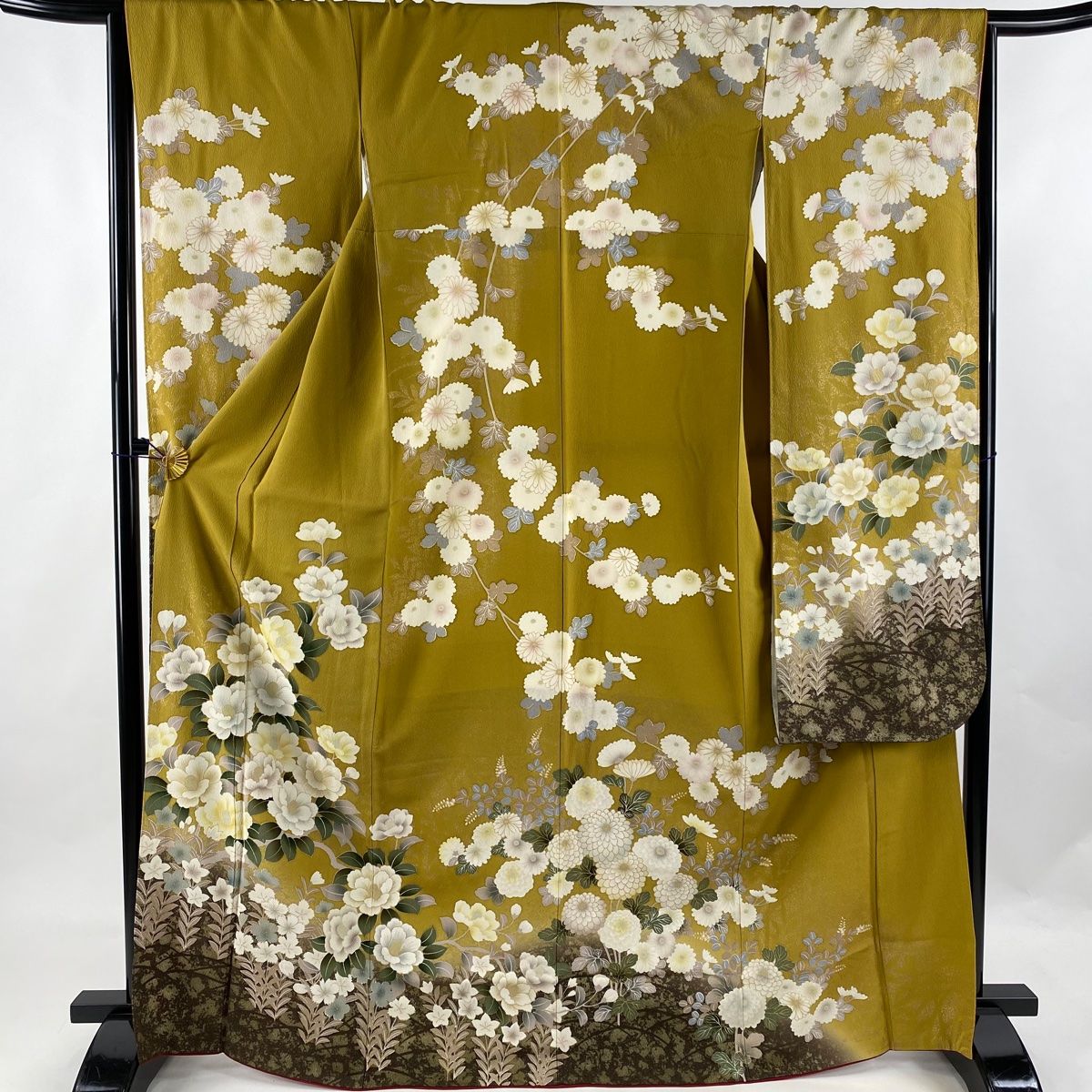 振袖 身丈169cm 裄丈66cm M 袷 菊 椿 金彩 染め分け 山吹茶色 正絹 名品-