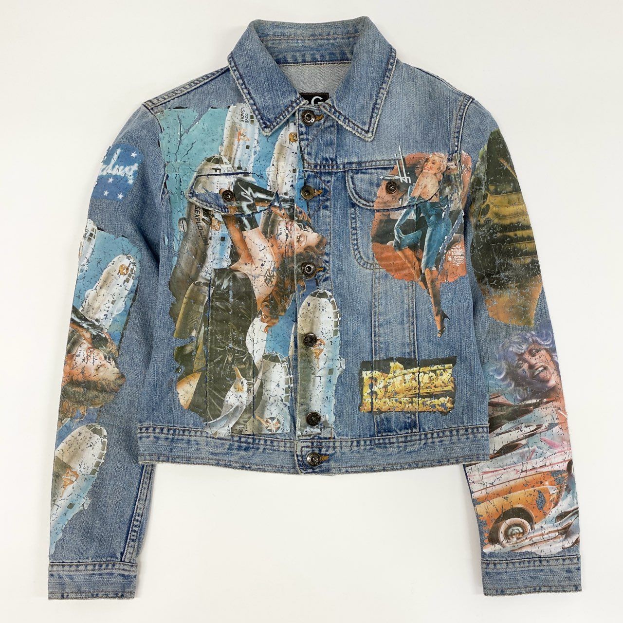 13f12 DOLCE-GABBANA ドルチェアンドガッバーナ デニムジャケット Gジャン ピンナップガールプリント サイズS ブルー コットン レディース 女性用