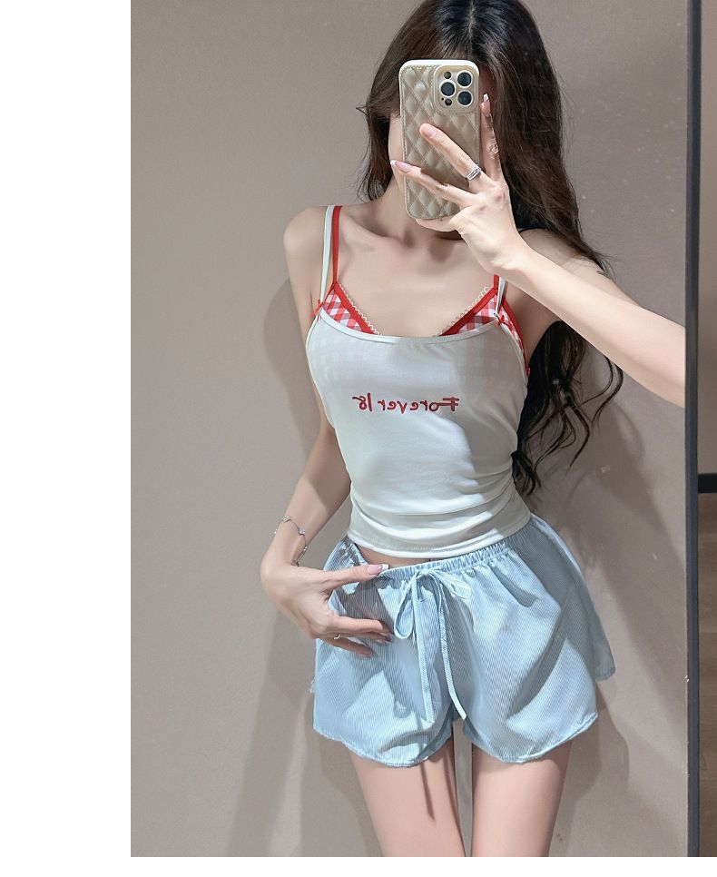 水着 レディース セパレート 四点セット チェック柄 吊り帯 レトロ 純