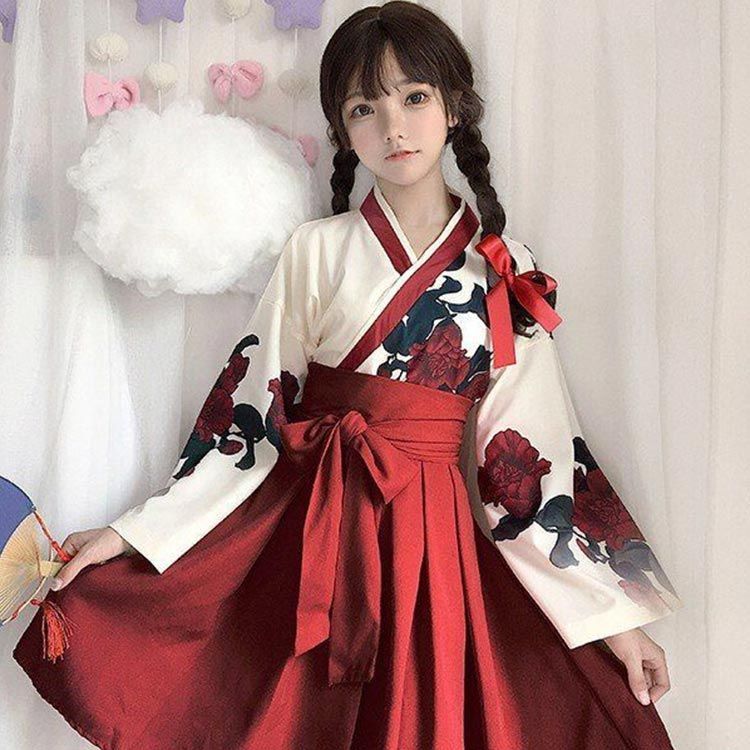 花柄赤色和装コスプレ衣装 （コスプレ 大正ロマン 袴 和服 着物 ドレス 