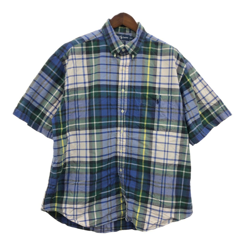 90年代 RALPH LAUREN ラルフローレン BIG SHIRT ボタンダウン 半袖シャツ チェック ブルー (メンズ XL) 中古 古着 Q6600