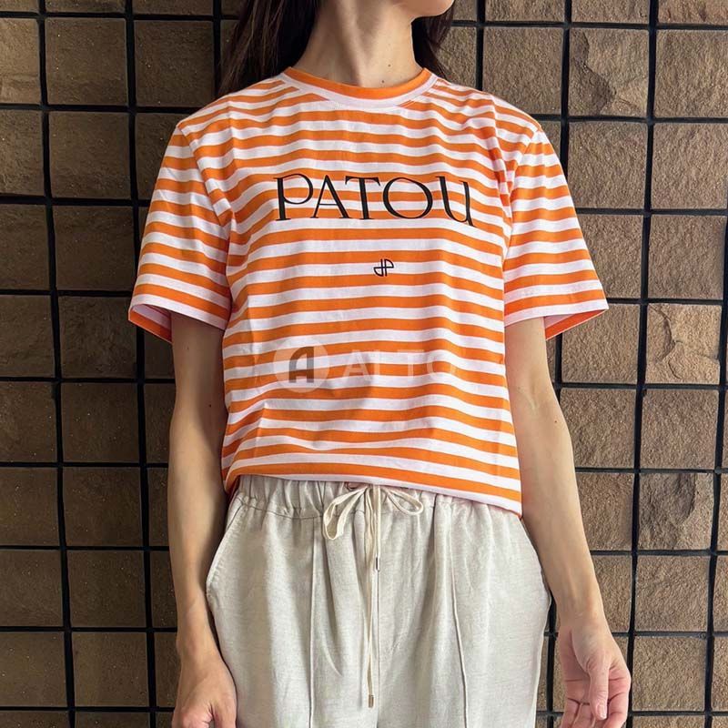 ☆2024春夏入荷☆ PATOU パトゥ JE0329999 オーガニックコットン ボーダー PATOU ロゴ入り Tシャツ カットソー ライトオレンジ×ホワイト