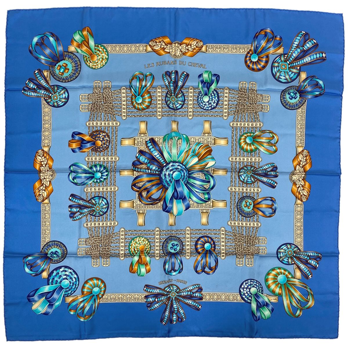エルメス スカーフ カレ90 LES RUBANS DU CHEVAL 馬のリボン ブルー